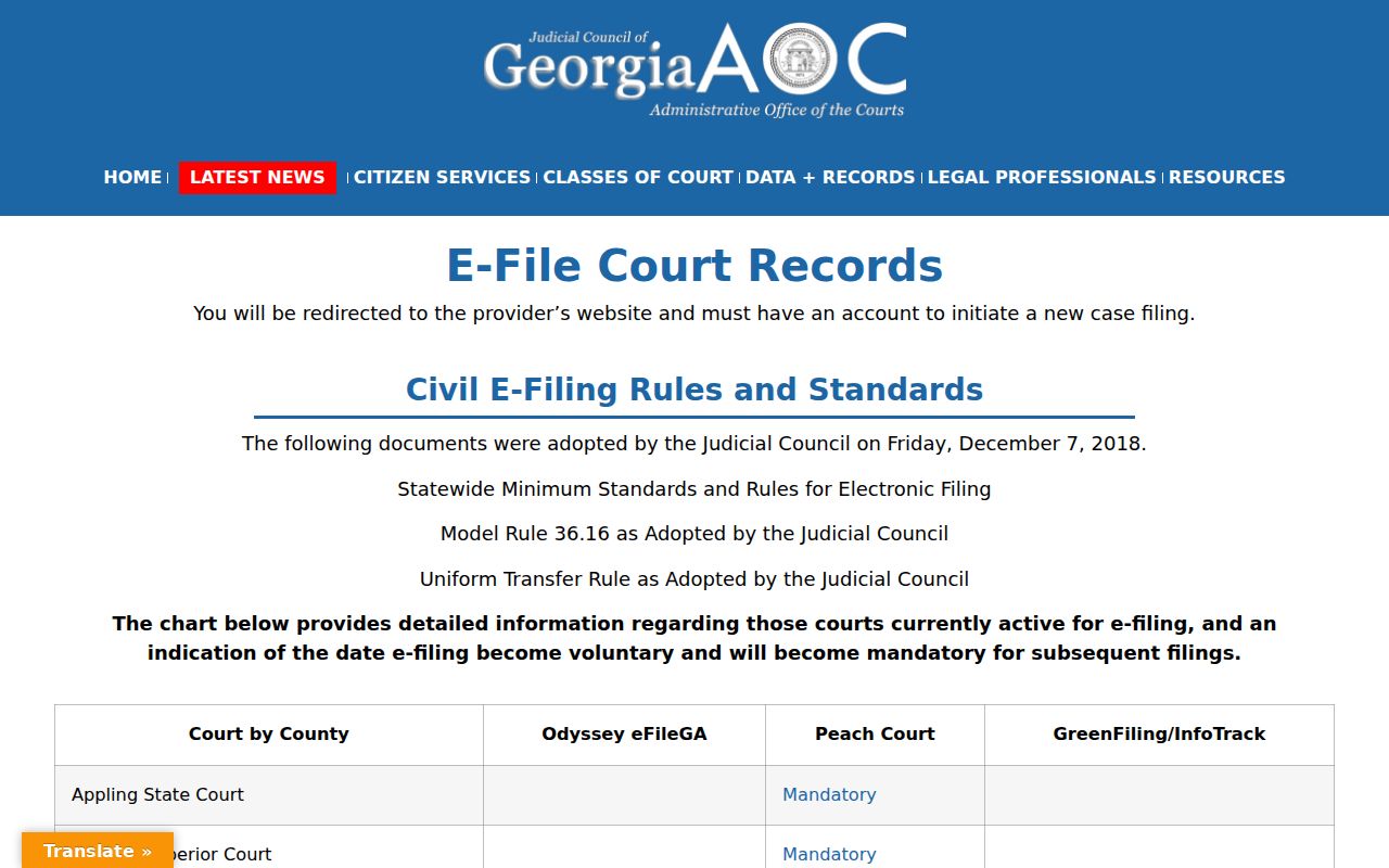 Georgia e-filing chart listing Whitfield Superior Court