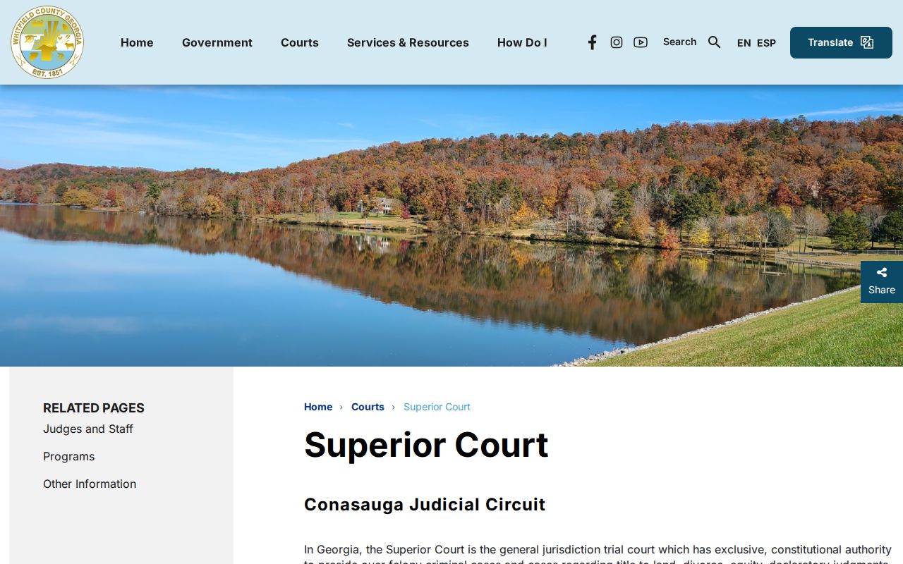 Whitfield County Superior Court page with calendar and court links